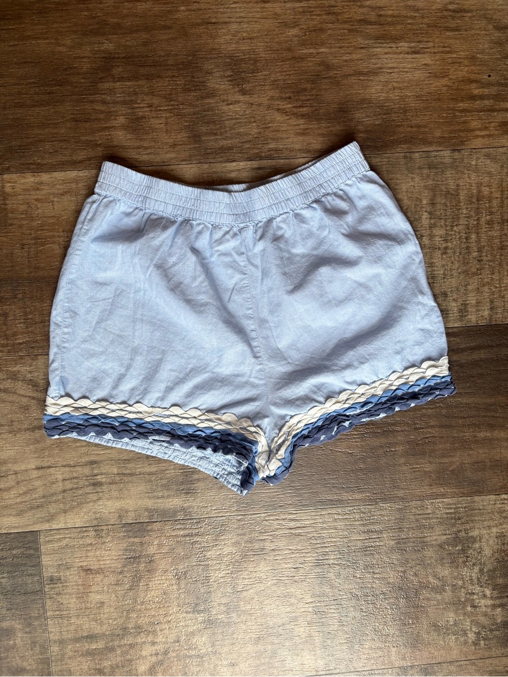Simply Southern Light Blue High Waist Shorts with Navy and Cream Trim